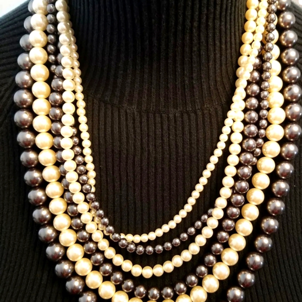 Vintage Hilary Joy Multi Strand Faux Pearl Necklace with Black Ribbon Tie